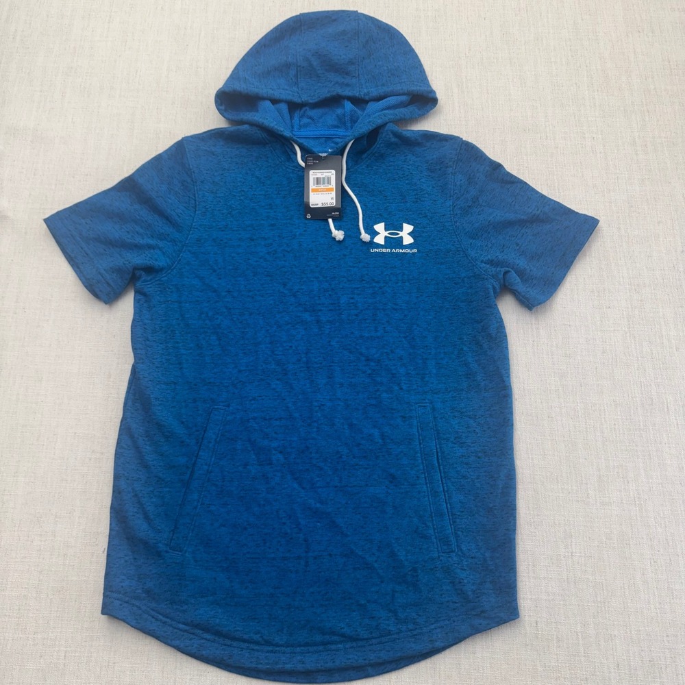 Under Armour Mens Rival Terry Short Sleeve Hoodie Blue Small‎ NWT